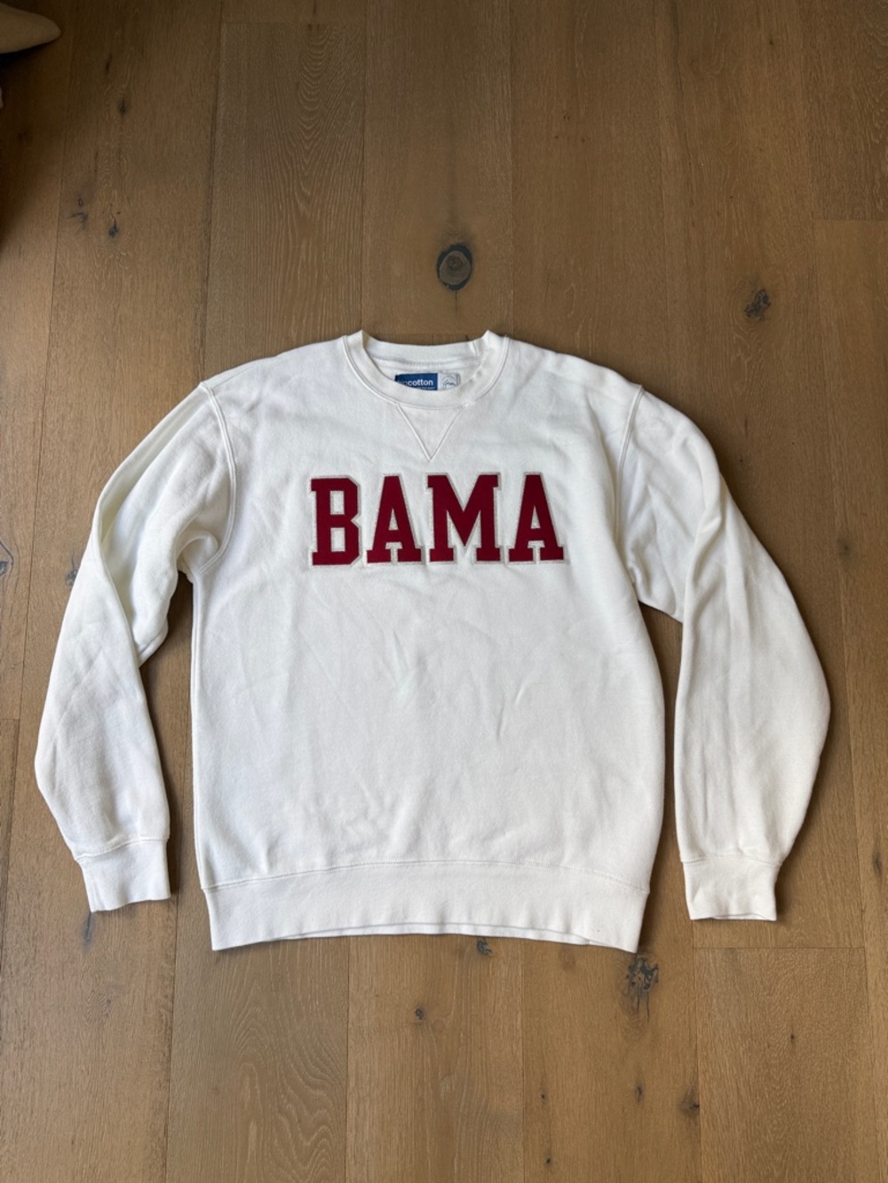 Cream BAMA Crewneck Sweatshirt with Crimson and Silver Lettering, Size M